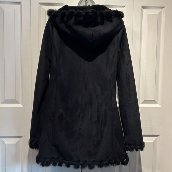 Jones New York Black Faux Suede‎ Real Rabbit Fur Trim Hooded Coat Size S - Picture 8 of 15